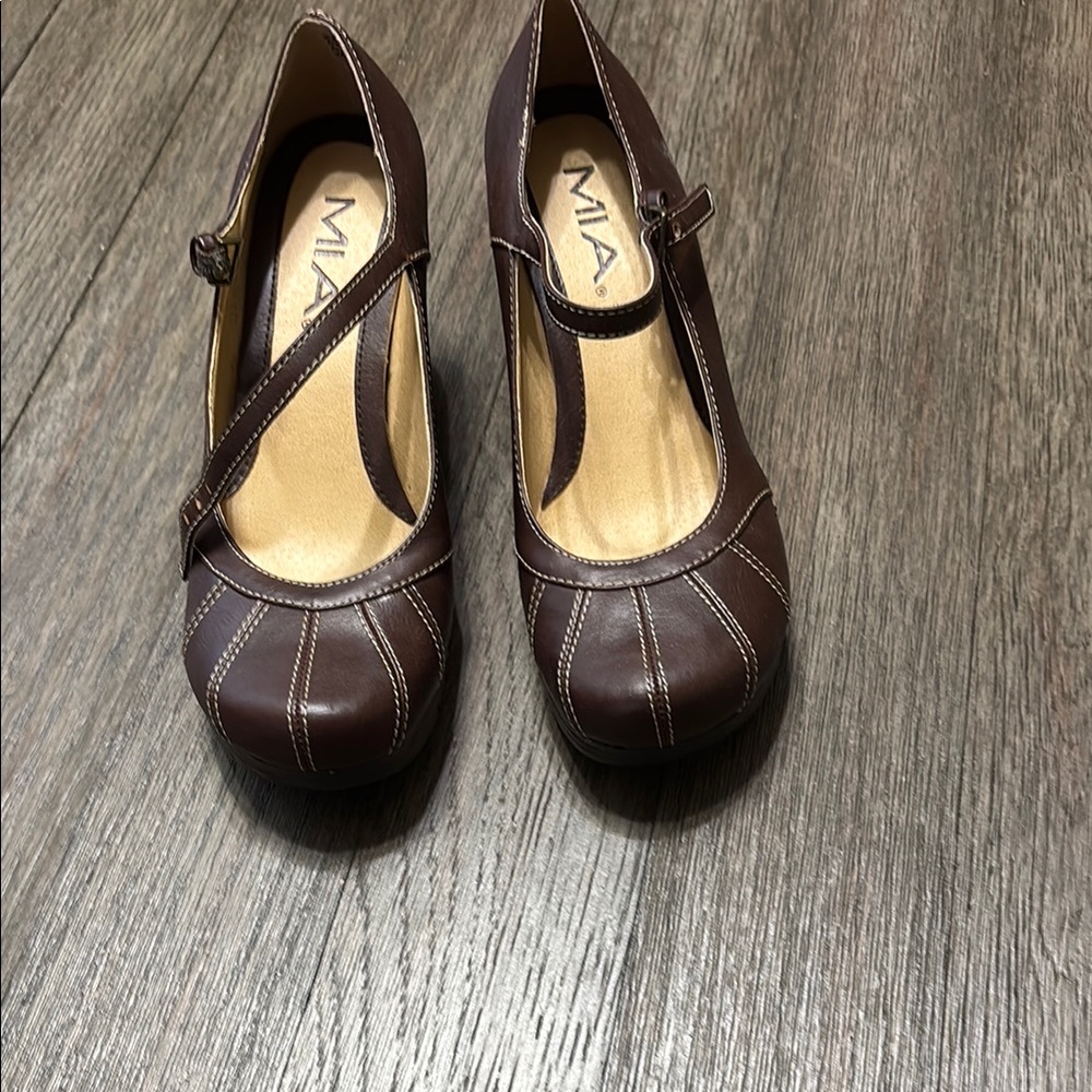 MIA Brown Leather Heels with Mary Jane Style